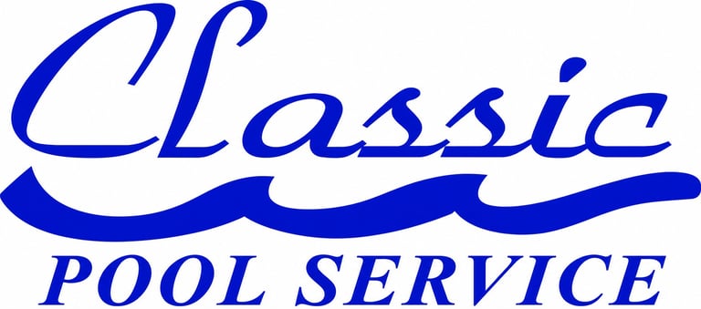 Classic Pool Service blue logo with stylized wave design