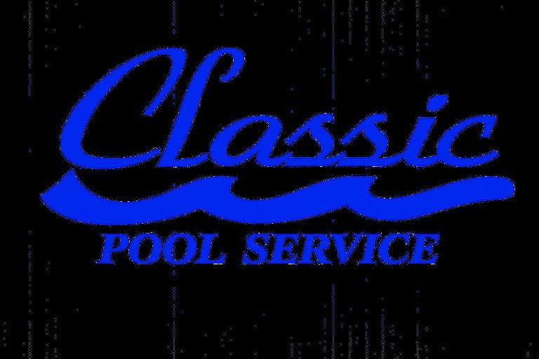 Classic Pool Service logo with blue cursive text and wave design on dark background